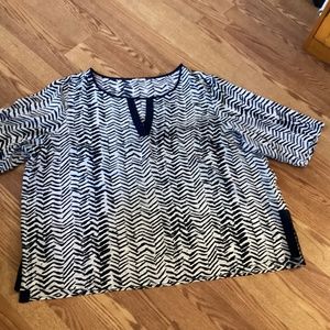 Milano Navy & White Geometric Semi Sheer Keyhole 3/4 Sleeve Tunic Blouse  3X